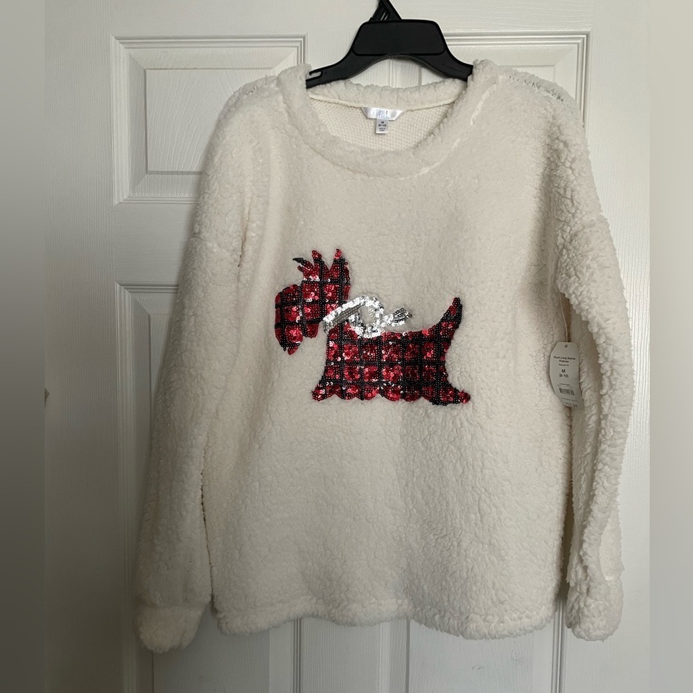 Cozy White Sherpa Teddy Schnauzer Dog Sweater with Red Plaid Sparkle Design